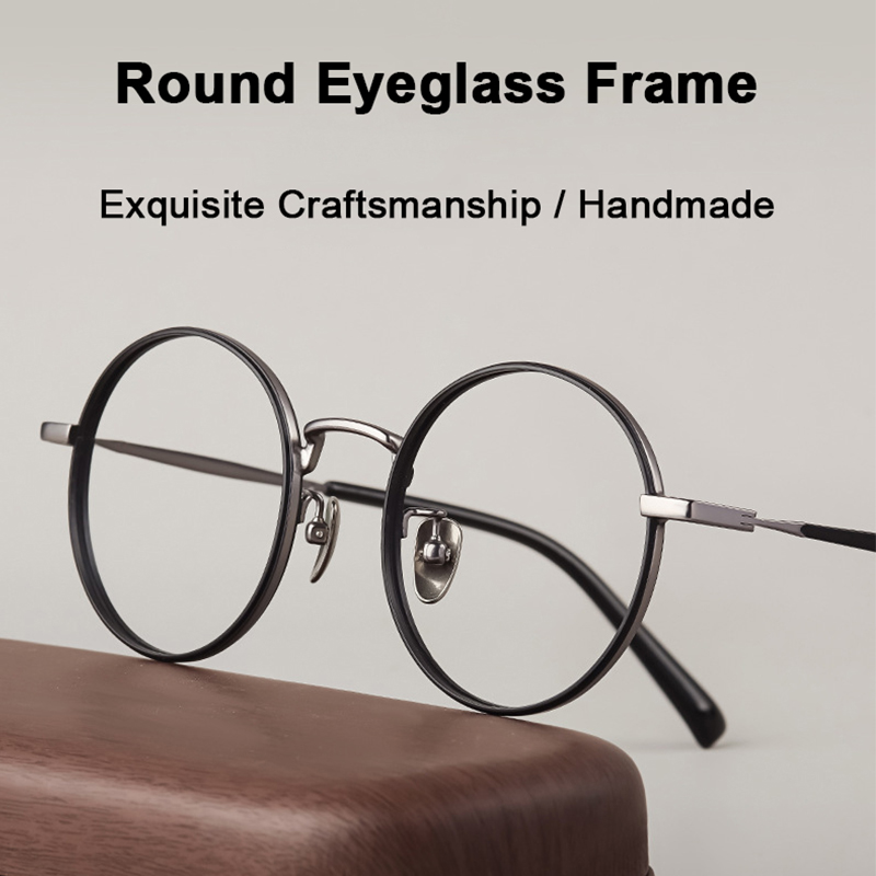 Lunettes rondes rétro de marque de styliste, petites lunettes à revêtement IP en titane pur, montures ultralégères à bords contrastés et lisses