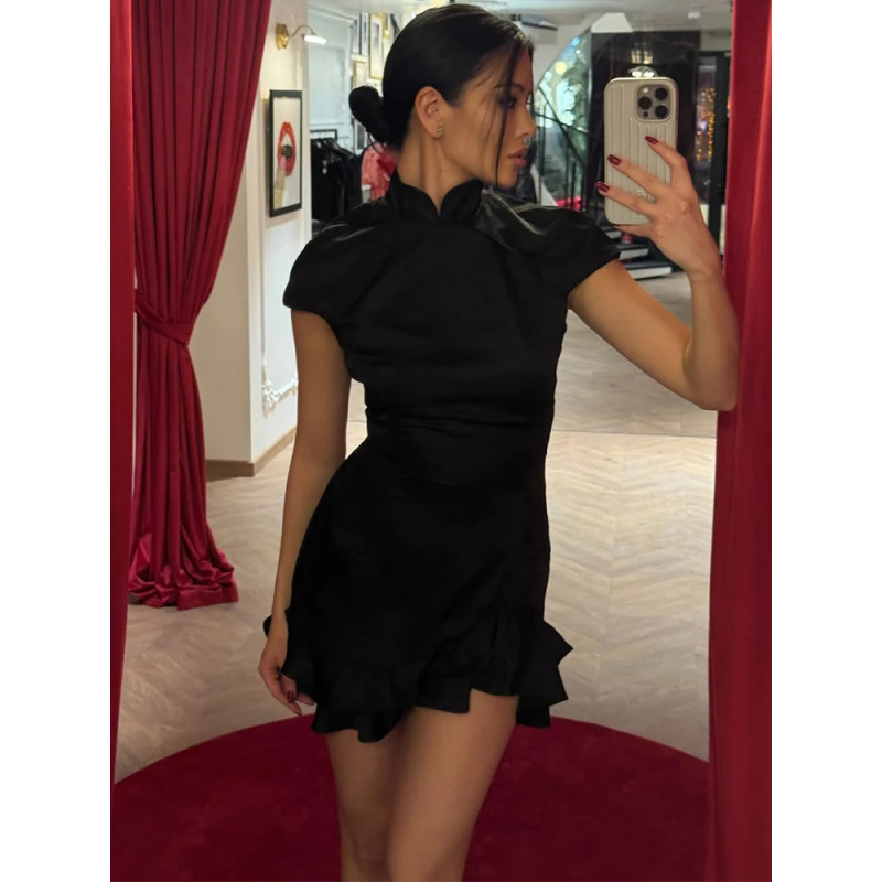 Robe de soirée élégante en satin pour femme, col montant, taille haute, mini-robe moulante, sexy, à manches courtes et volants, idéale pour les fêtes