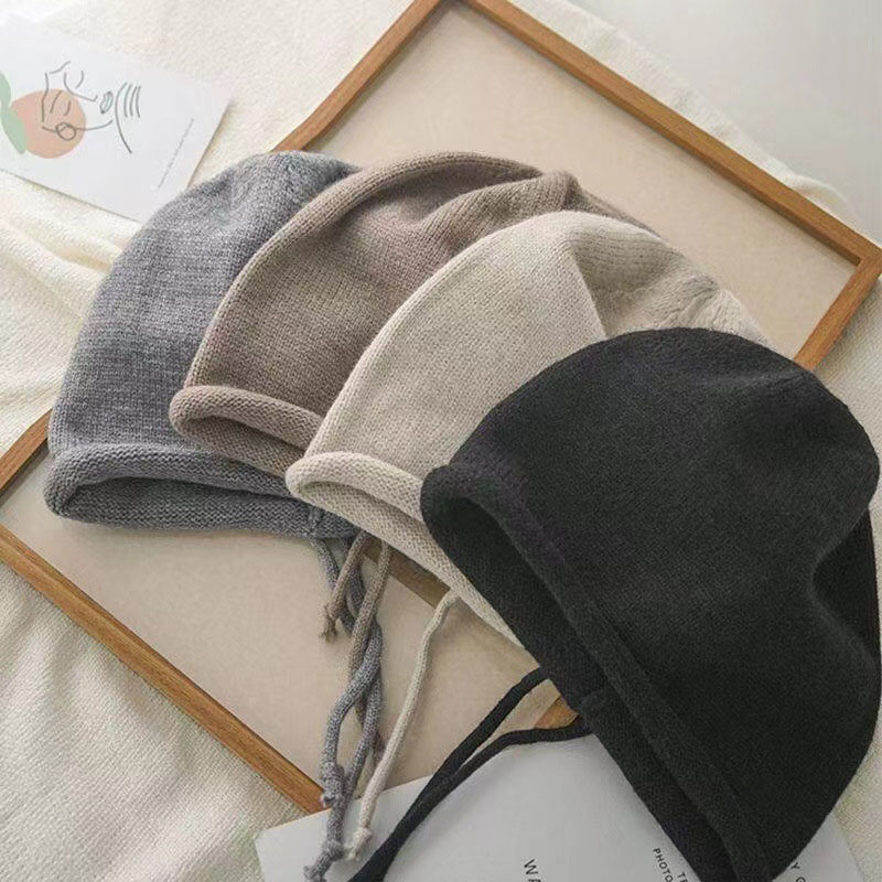 RICYGVM cordon Baggy Slouchy Bonnet pour femmes automne hiver oreille garder au chaud Skullies casquette mode fille Kint laine chapeau