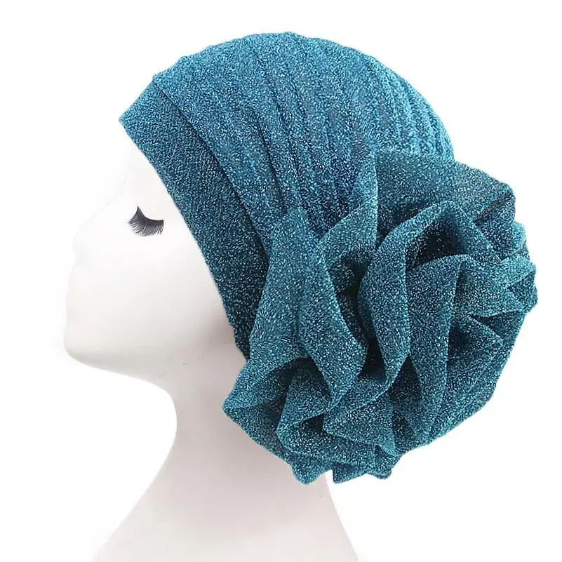 Femmes musulmanes grande fleur Turban chapeau plissé paillettes bonnets miroitant Bonnet perte de cheveux foulard africain chapeaux chimio casquette Skullie