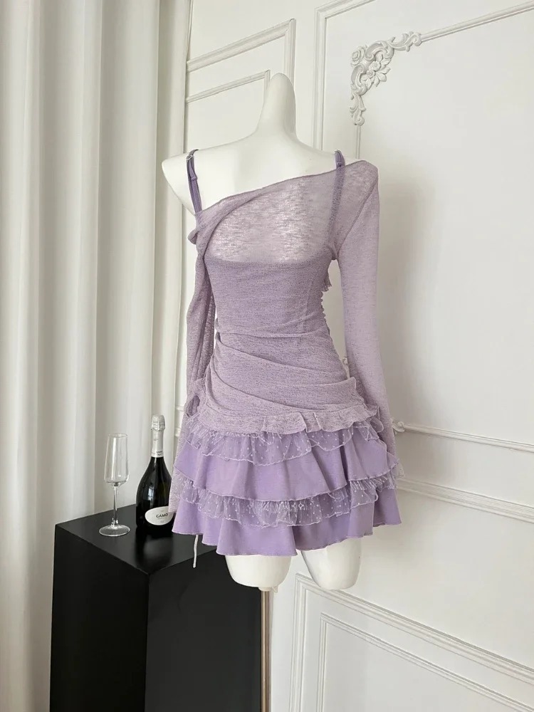 Coréen Sexy Mode Élégant 2 Pièces Ensemble Femmes Arc Hauts En Dentelle + Slim Fit Chic Robe Soirée Doux Casual Costumes Nouveau 2025 D'été