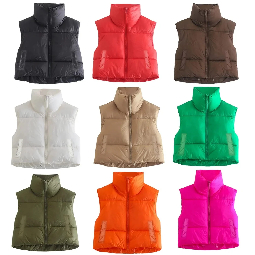 Gilet court chaud pour femme, col montant, sans manches, léger, vêtements d'extérieur à la mode, automne et hiver