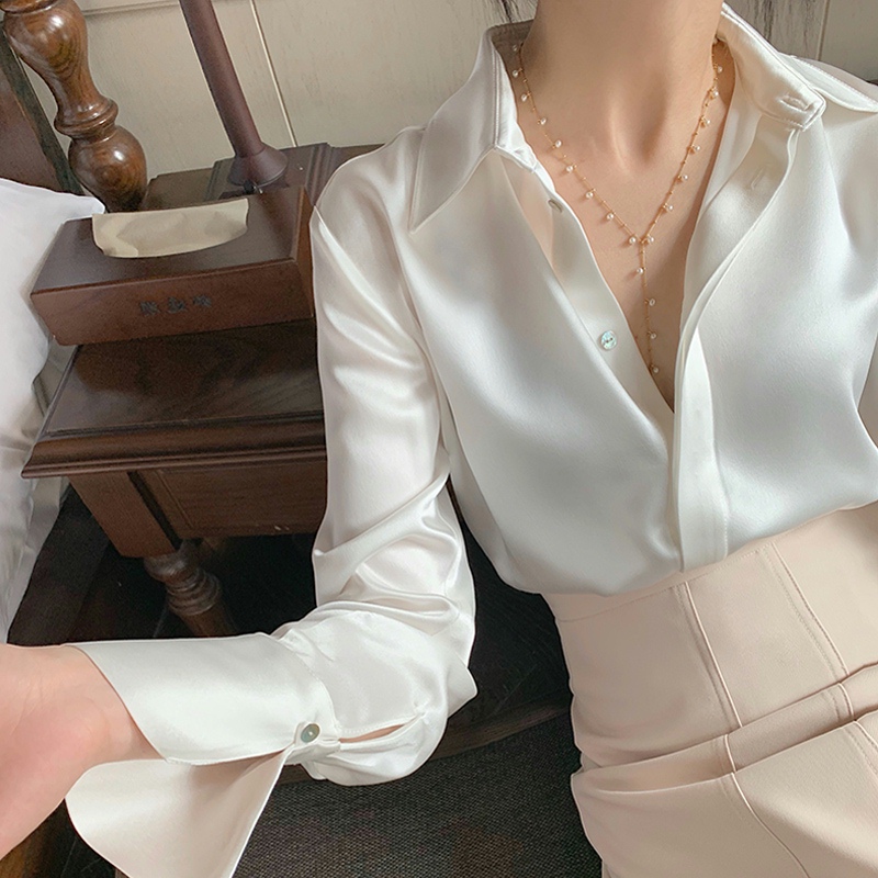 Chemisier en Satin à manches longues pour femmes, mode française, chemises de couleur unie, vêtements de bureau élégants pour dames, vêtements coréens pour dames