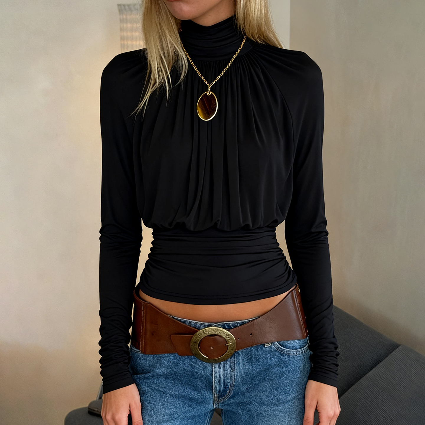 Élégant basique col roulé drapé t-shirt coupe ajustée solide froncé taille à manches longues t-shirts femmes 2025 décontracté haut pour femme