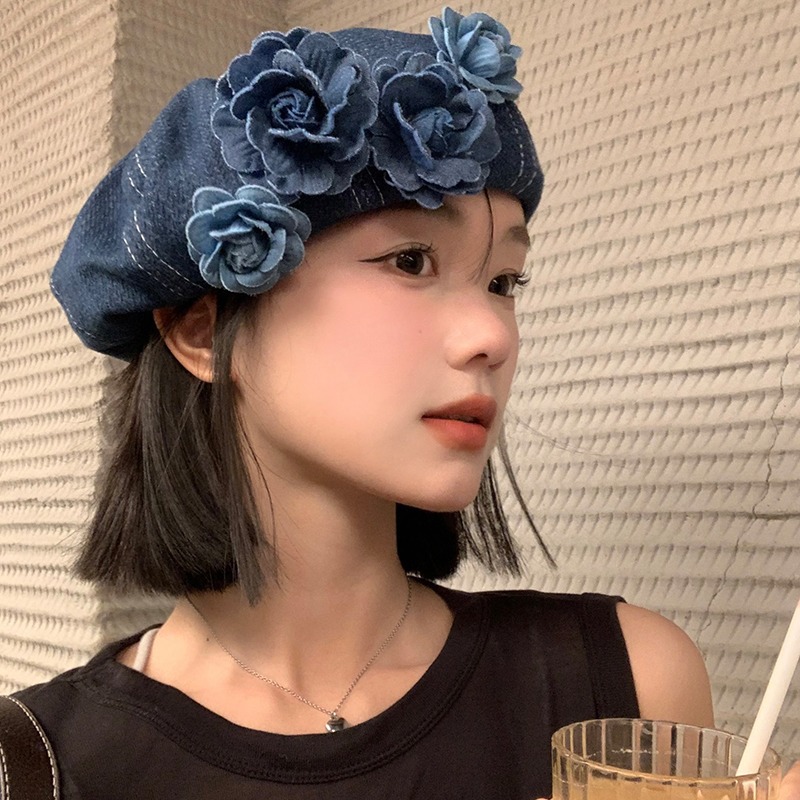 Béret en Denim à fleurs bleues pour femmes, chapeaux octogonaux de couleur unie, à la mode, pour fille coréenne, artiste peintre