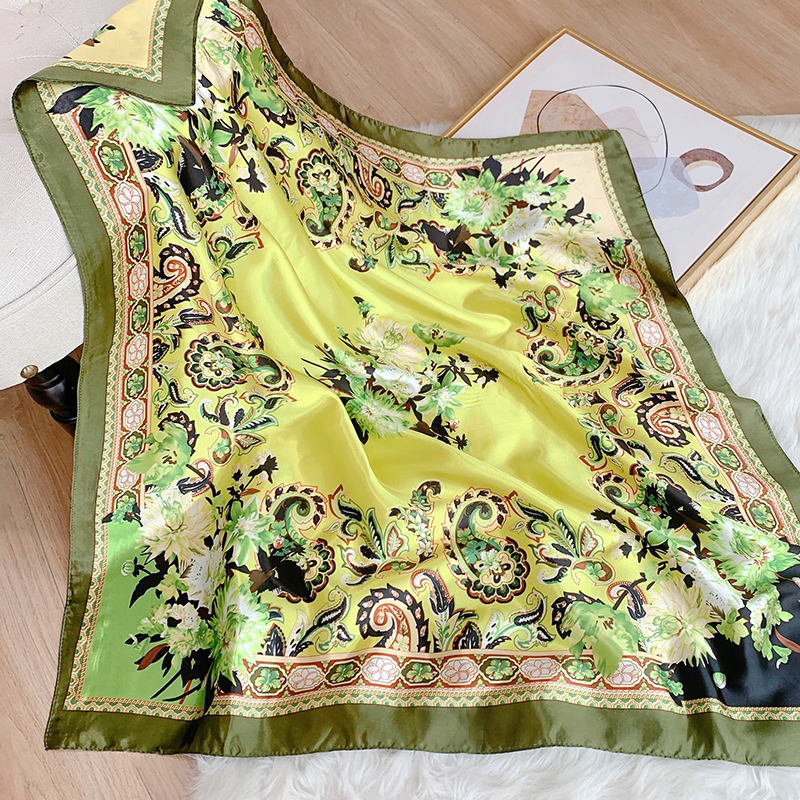 Foulard carré en Satin pour femmes, Hijab Floral élégant, imprimé 2025, foulard en soie, châle, bandeau, poignée, accessoires pour cheveux, Bandana