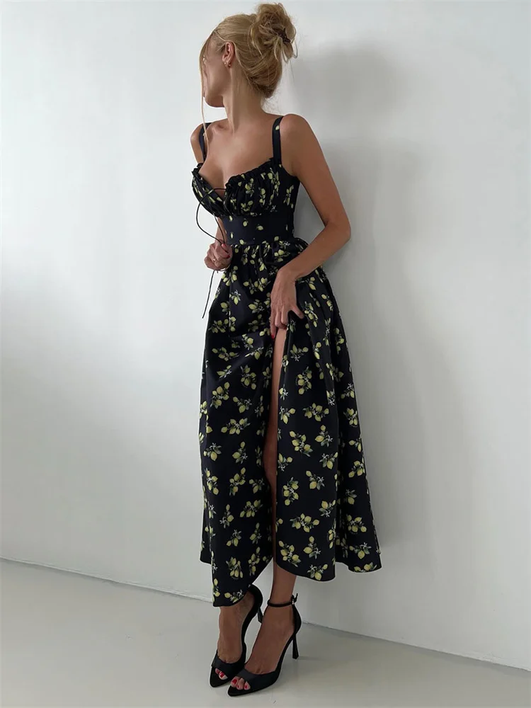 Robe Maxi pour femmes, col en v, imprimée, élégante, à lacets, nouvelle mode, sans manches, moulante, contrastée, été 2025