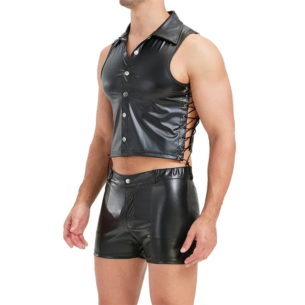 Ensembles de vêtements de mode pour hommes : Débardeurs sans manches en cuir PU, shorts, tenue de club, gilet à lacets et boutons avec découpes latérales et short