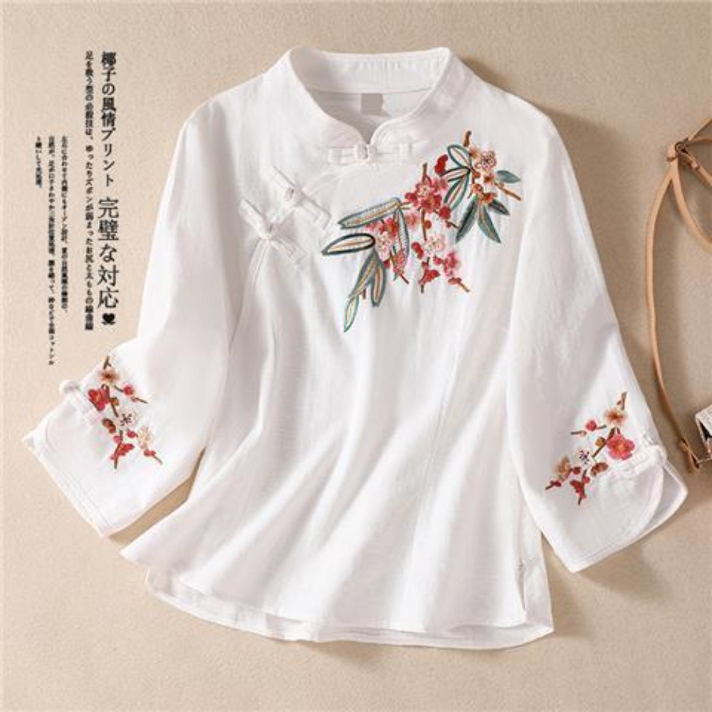 Chemisier d'été décontracté pour femme, style ethnique rétro, en coton et lin brodé, à manches trois-quarts, col mandarin, type chemise de thé chinoise