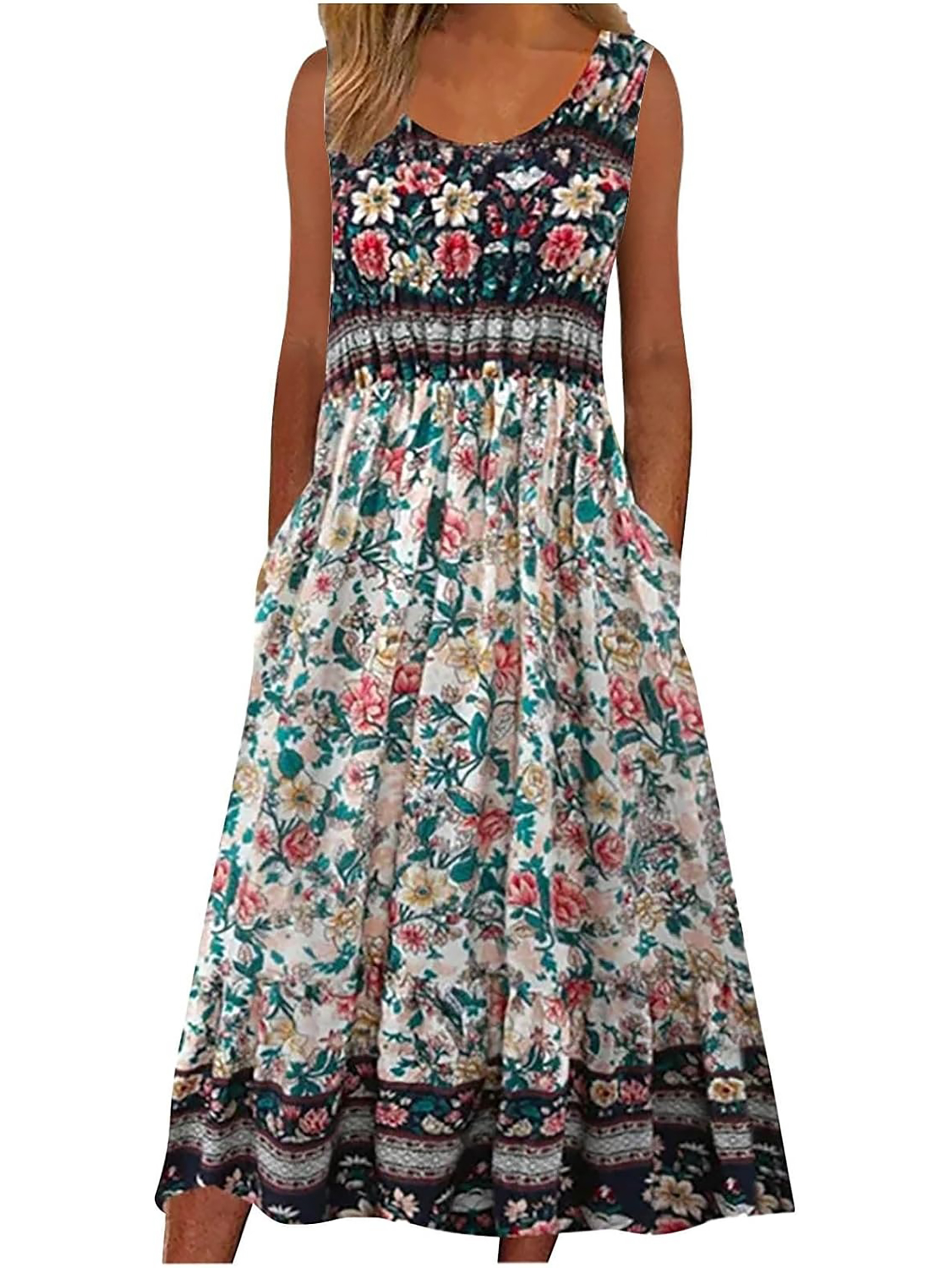 2025 été nouveau! Robe d'été MIDI de plage décontractée à fleurs bohème sans manches pour femmes avec poches fluide et ample