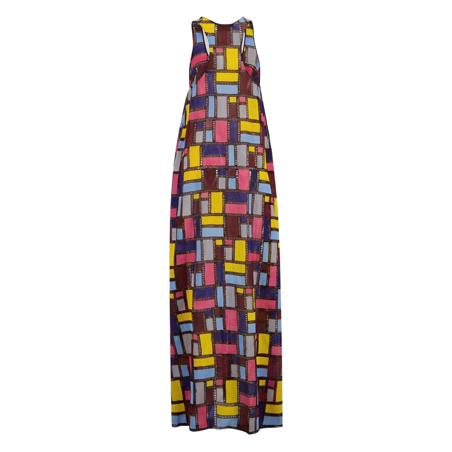Carrés colorés sans manches longues robes femmes mode Sexy col en U poche ample Maxi robe été dame vacances trajet robe