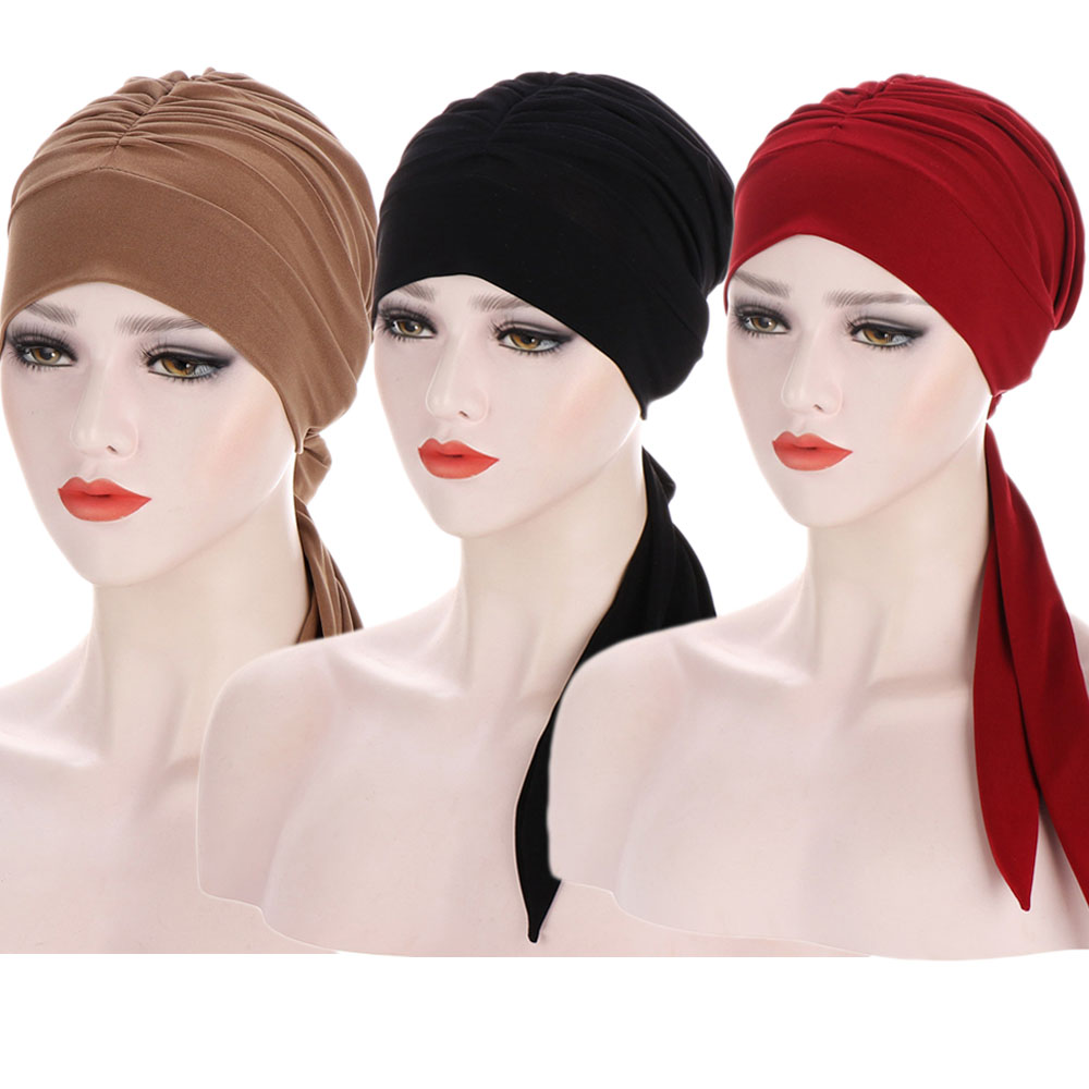 Hijab musulman pré-noué, sous-voile, bonnet chimio pour femme, foulard à longue queue, bonnet, coiffe islamique, enveloppe-tête, bonnet de couleur unie