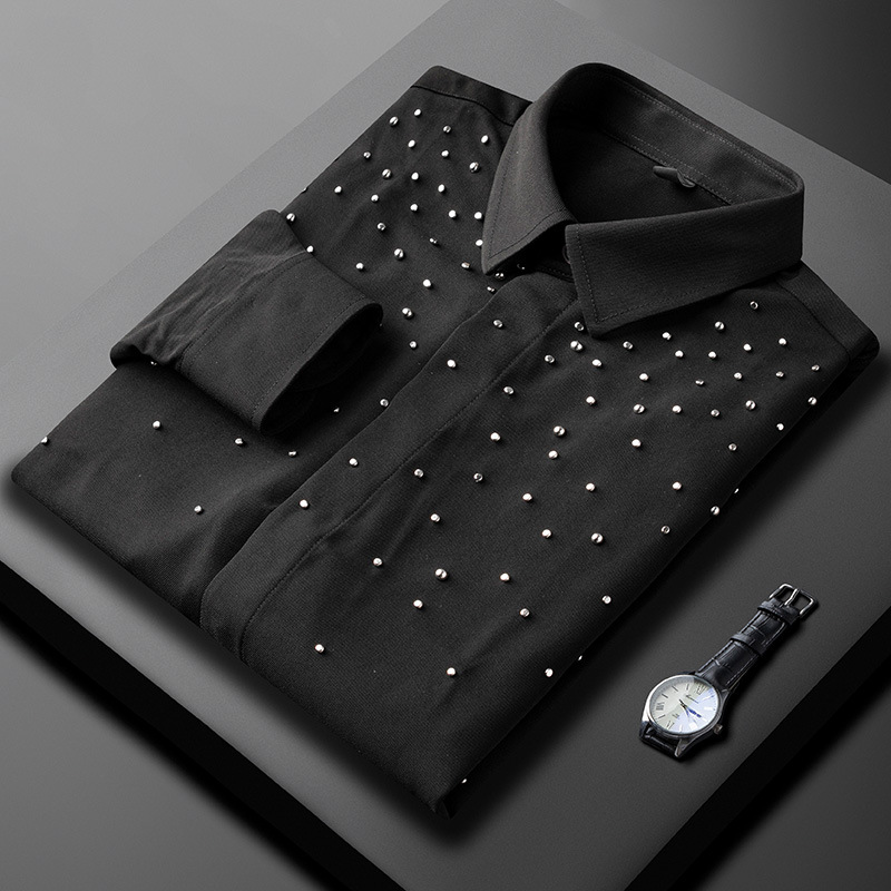 Chemise à manches longues pour homme décorée de strass, chemise de soirée à rivets, chemise de cérémonie, chemise décontractée pour affaires, Camisa Masculina
