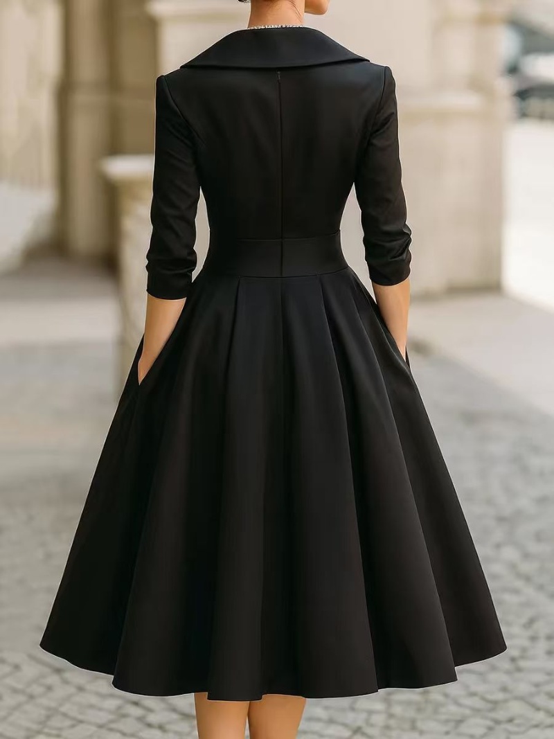 Robe midi élégante pour femme avec col à volants et poches - Tenue de soirée chic
