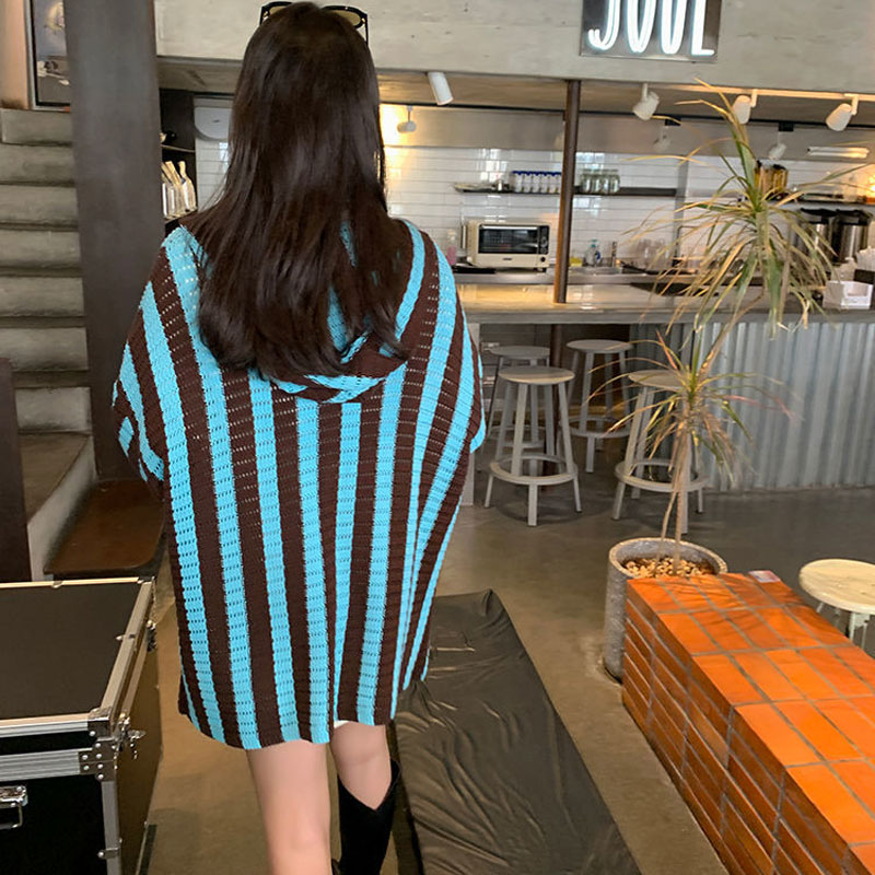 Cardigan rayé à manches longues pour femmes, pulls à capuche épissés, vêtements décontractés coréens, automne et hiver