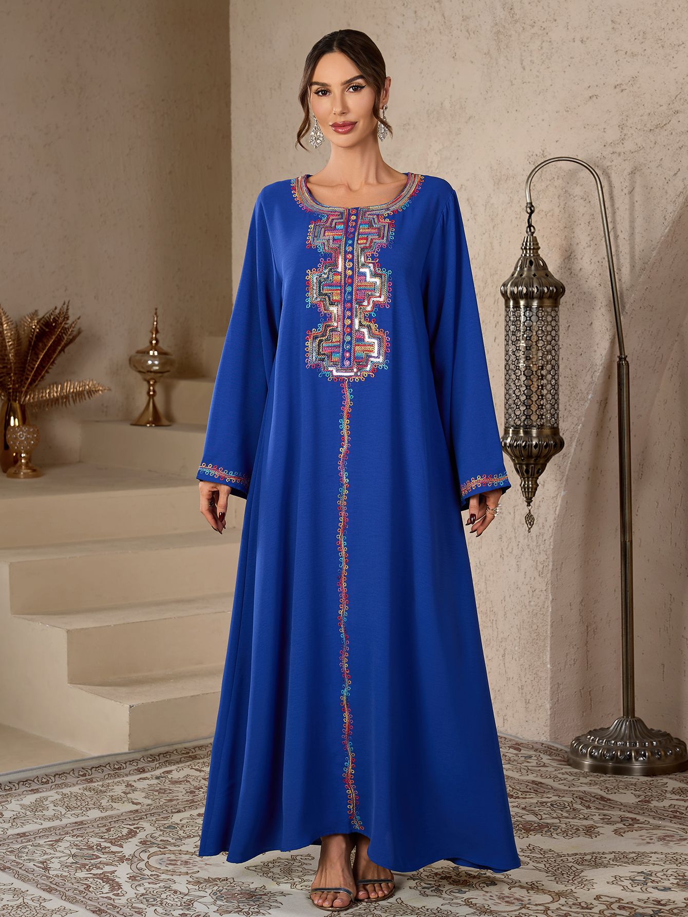 Robe Abaya islamique modeste pour femmes, broderie ethnique colorée, style marocain, col rond, robe longue décontractée, élégante, Dubai, musulmane