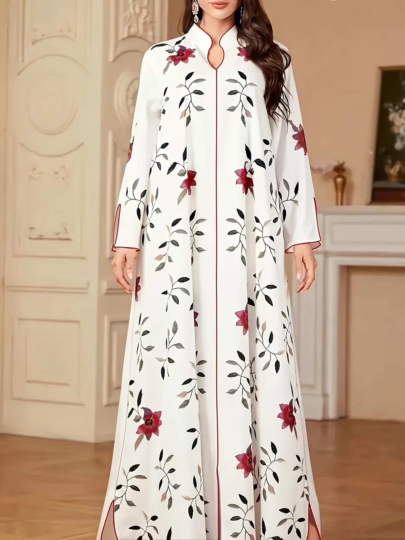 Jupe longue élégante pour femme, style musulman, imprimé Ramadan Aïd, col en V, manches longues, coupe ample, avec fente à l'ourlet
