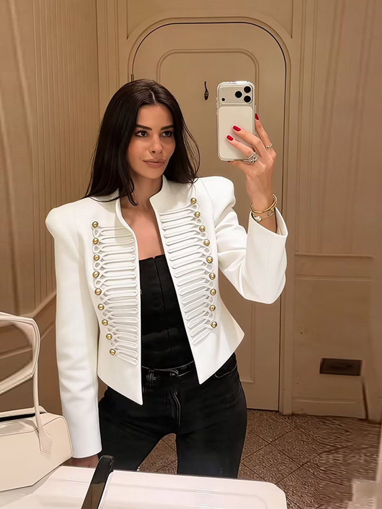 Veste de printemps pour femme, blazer court style militaire, avec bordure en cordon tressé, boutons dorés, épaulettes rembourrées, vêtements pour femme