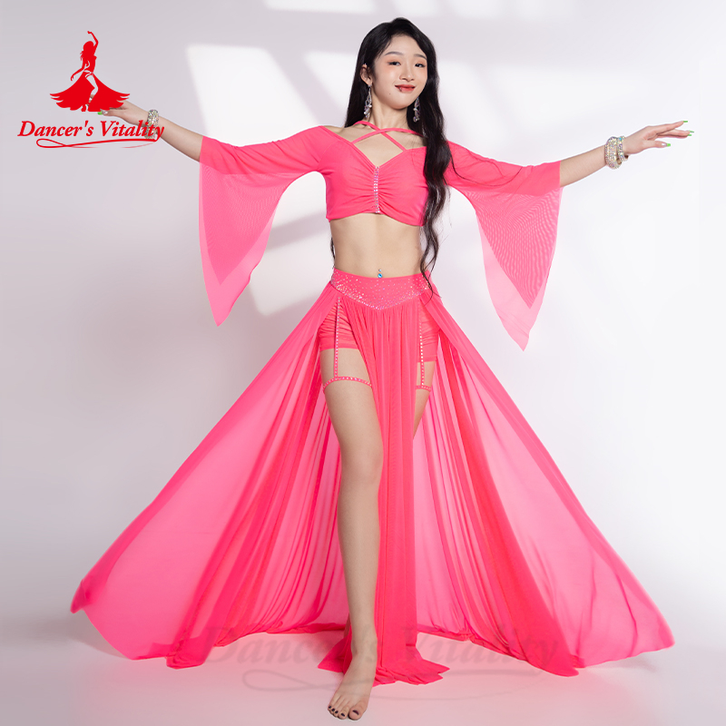 Ensemble de costumes de danse du ventre pour femmes, haut à demi-manches + jupe longue en maille avec pierres AB, 2 pièces, vêtements de danse du ventre orientale pour adultes