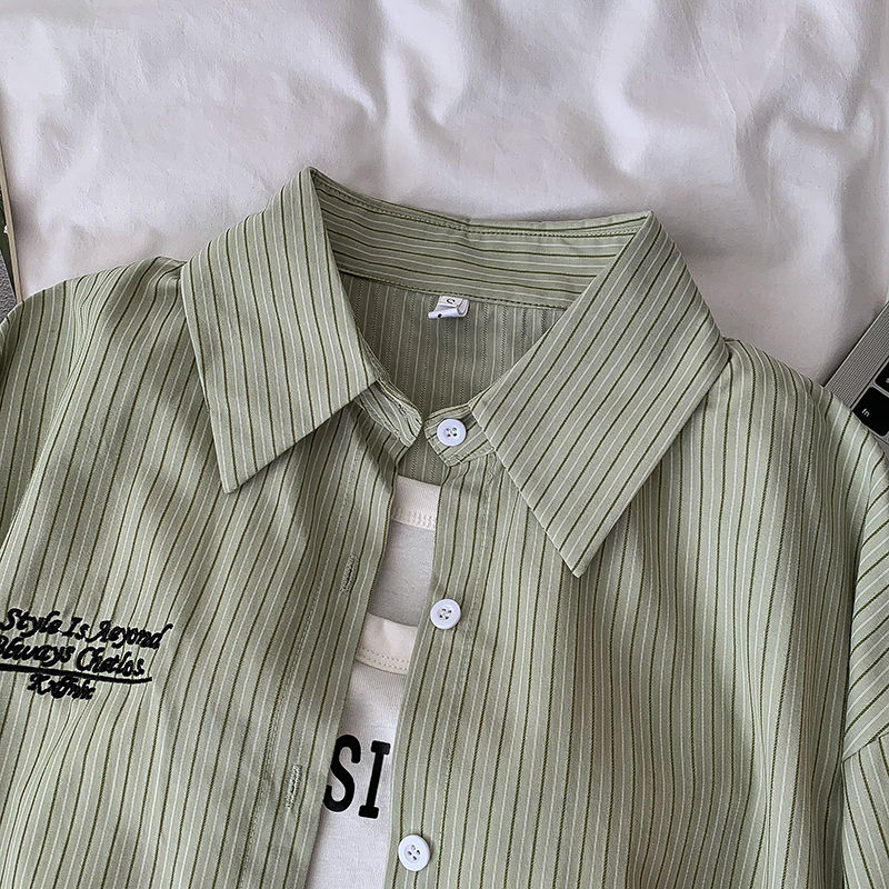 Chemise à rayures vertes de Style coréen pour femmes, vêtements à manches courtes, d'inspiration japonaise, coupe ample, haut décontracté, à la mode, été