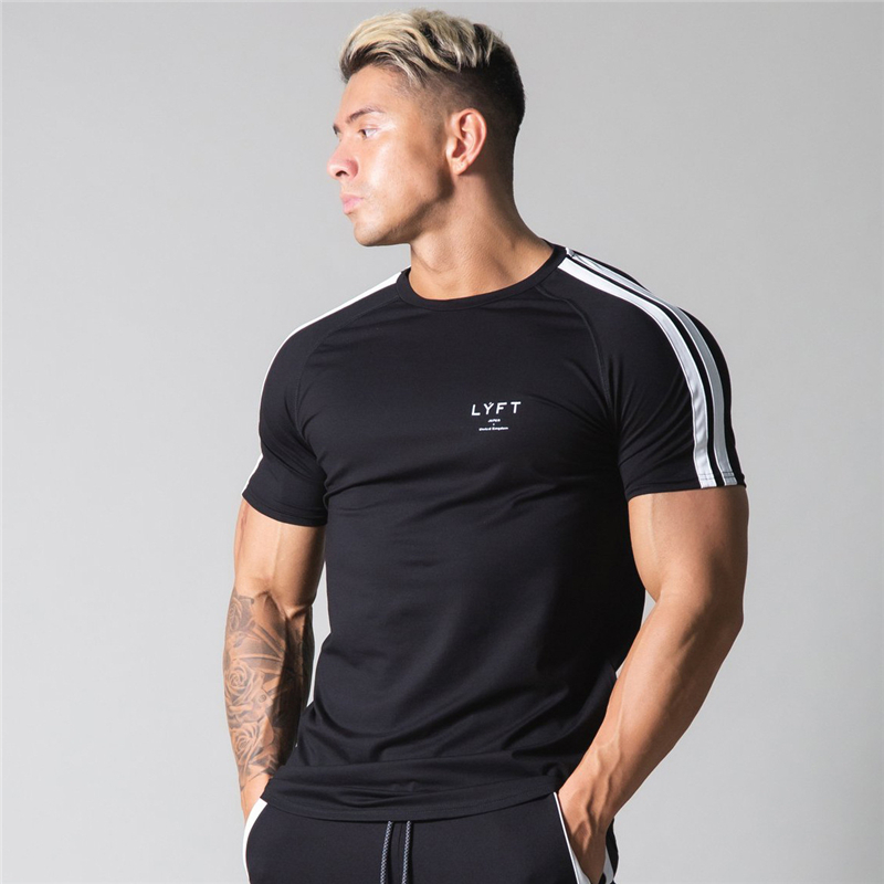 Côté rayé GYM course hommes T-Shirt à manches courtes sport T-Shirts musculation Fitness hommes entraînement coton T-Shirt hommes chemise