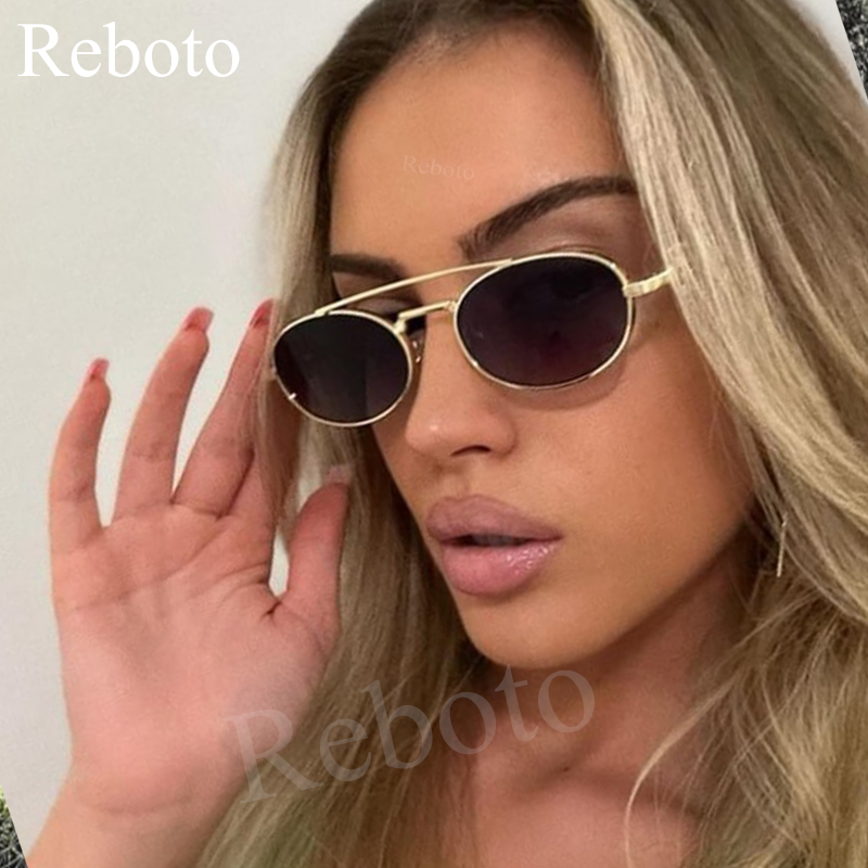 Lunettes de soleil ovales à petite monture pour femmes, vintage, marque de mode, double pont en métal, lunettes rétro pour dames, ombre