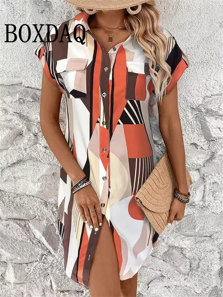 Robe d'été pour femmes, mode géométrique imprimée, manches courtes, robe de soirée élégante, décontractée, boutons, chemises à revers, 2025