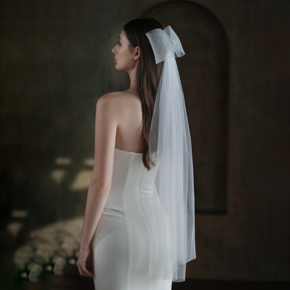 Voile de mariée mignon à double couche, accessoires pour cheveux, voiles courts avec nœud papillon, voiles transparents pour filles