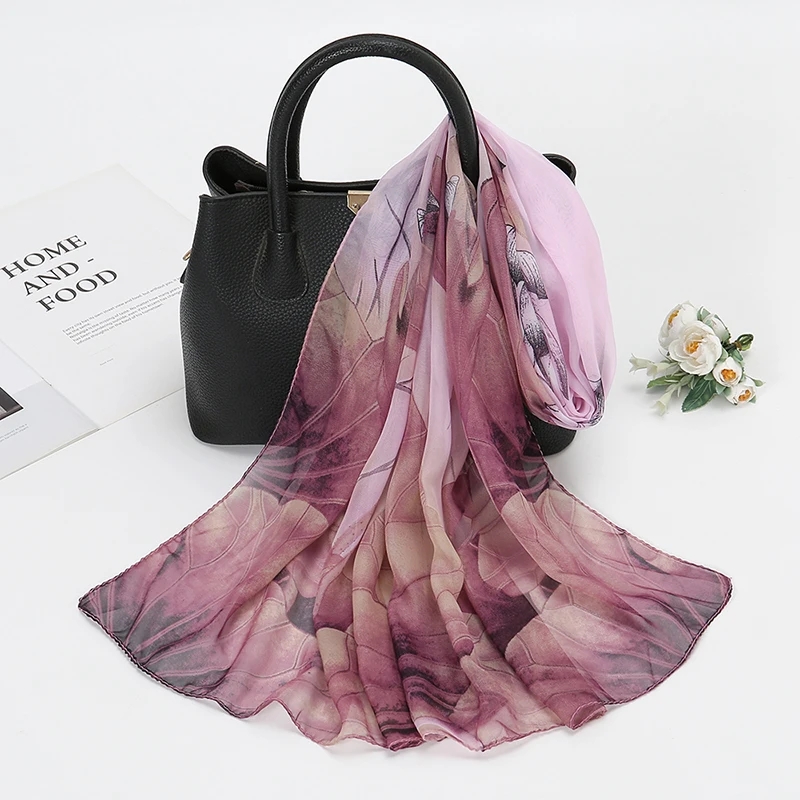 Écharpe en mousseline de soie imprimé Lotus, écharpe légère à la mode pour femmes, Protection solaire du cou d'été, châle en soie 150x50cm