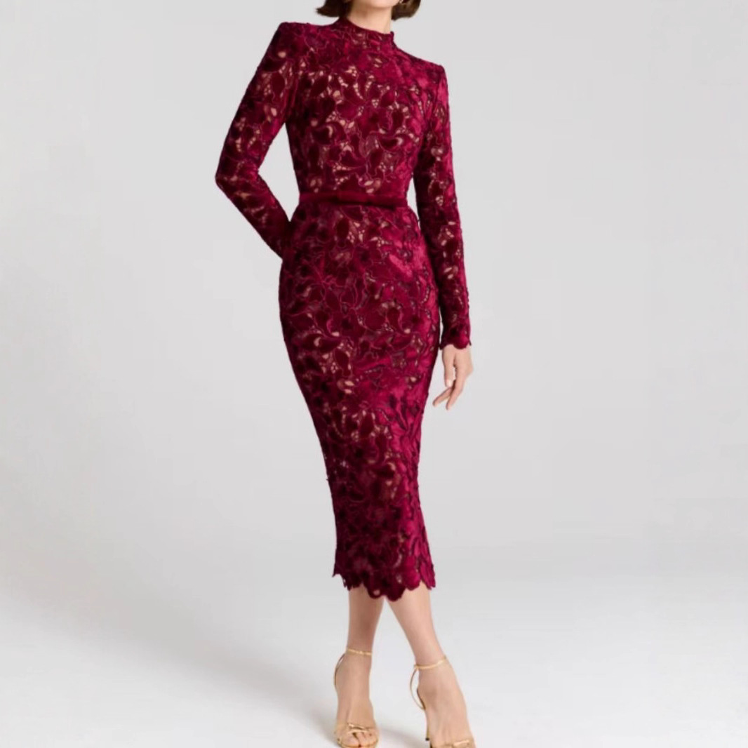 Robe élégante en jacquard pour femmes, manches longues, col haut, bordeaux, robe de soirée mi-longue, robe de cérémonie, robe de soirée pour mariage, qualité supérieure