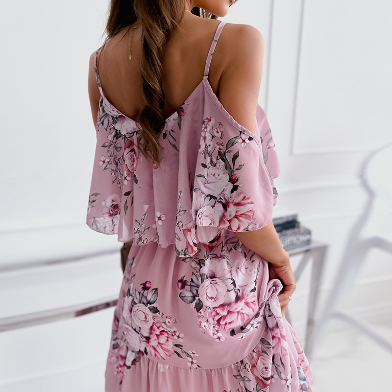 Robe longue d'été en mousseline à bretelles fines, imprimé floral, col carré, style vacances, sans manches, coupe ample