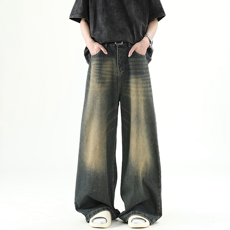 Hommes Denim pantalon vieux bleu lavé mâle jean droit décontracté hommes ample jambe large pantalon nouvelle mode coréenne haute rue Denim