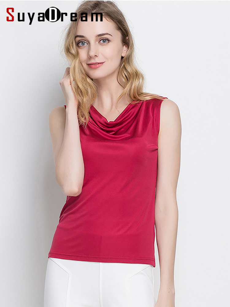 SuyaDream soie naturelle femmes Jersey réservoirs col drapé solide gilets d'été 2025 été t-shirt blanc noir rose