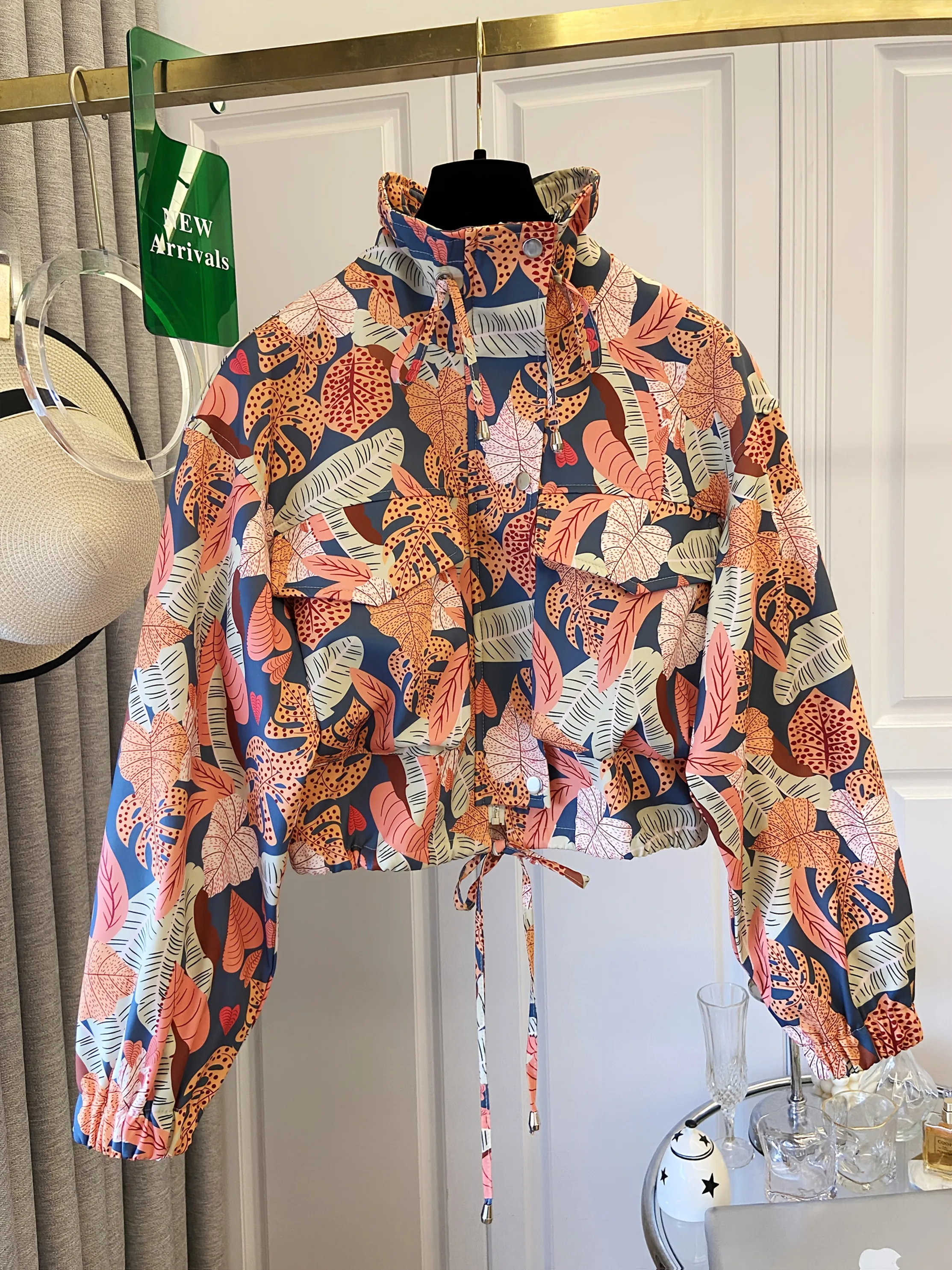Veste décontractée à cordon de serrage imprimée à la mode pour femmes |   Printemps/Été, polyvalent pour les trajets quotidiens, les vacances et les soirées élégantes