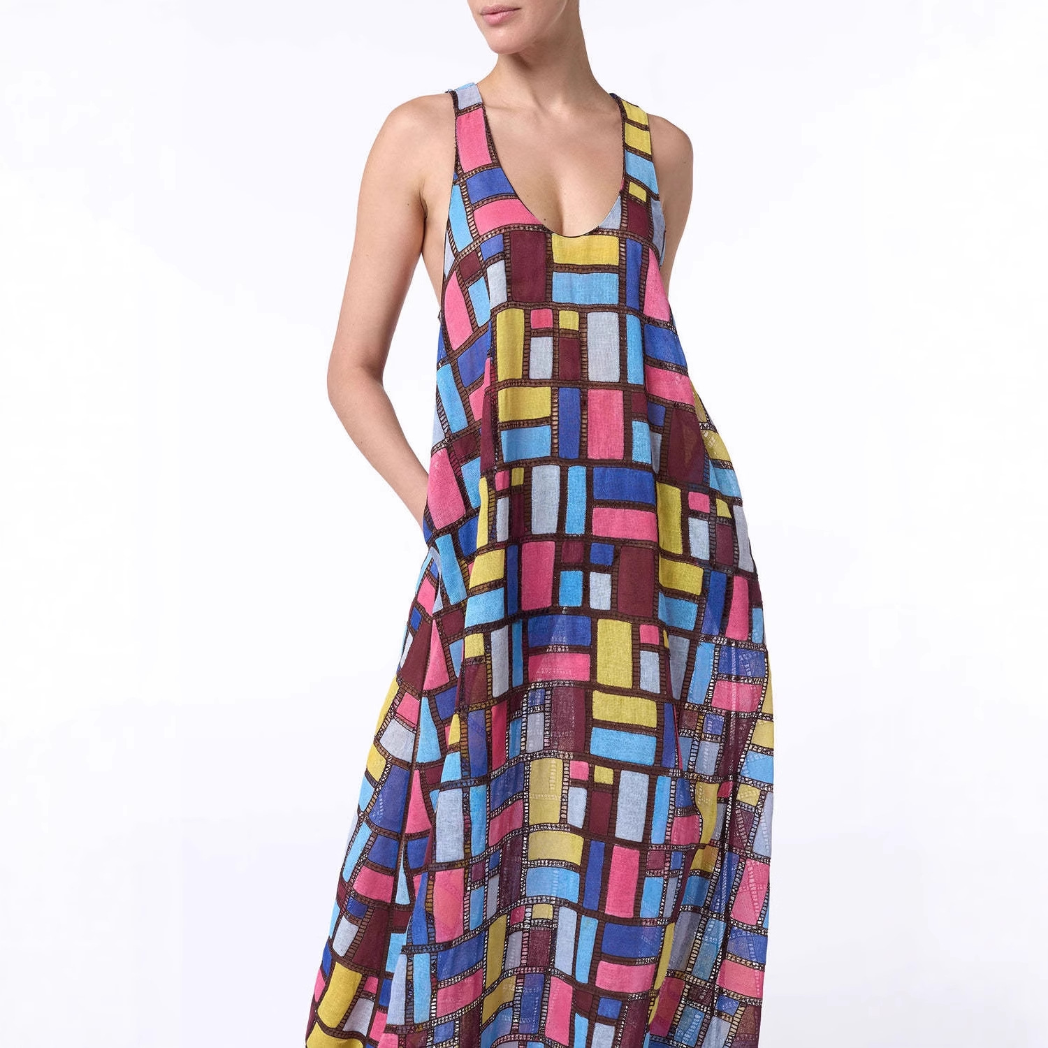 Carrés colorés sans manches longues robes femmes mode Sexy col en U poche ample Maxi robe été dame vacances trajet robe