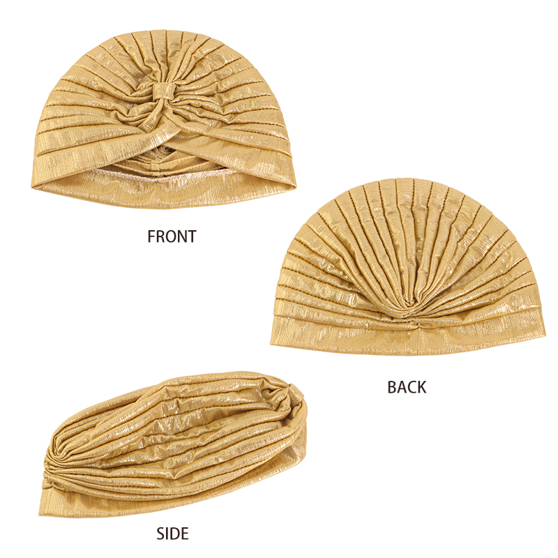 Turban à nœud métallique plissé pour femme, chapeau ethnique rétro, bonnets élastiques ronds et brillants, écharpe de tête, bonnet, bonnet chimio, nouveau