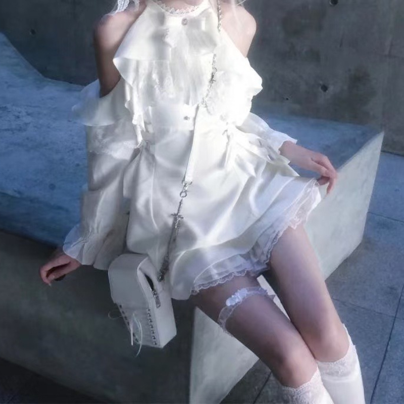 Mini robe Lolita Vintage pour femmes, manches longues, Style Janpan, dentelle blanche, épaules dénudées, taille fine, mode, nouvelle collection automne