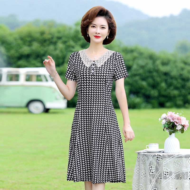 Robe à Carreaux en Soie Glacée pour Femme, Tenue Décontractée, Col Claudine, Été