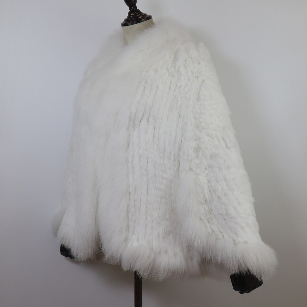 Femmes chaudes tricoté 100% réel fourrure de lapin châle hiver chaud véritable fourrure de lapin Pashmina manteau avec col de fourrure de renard pour la mode féminine