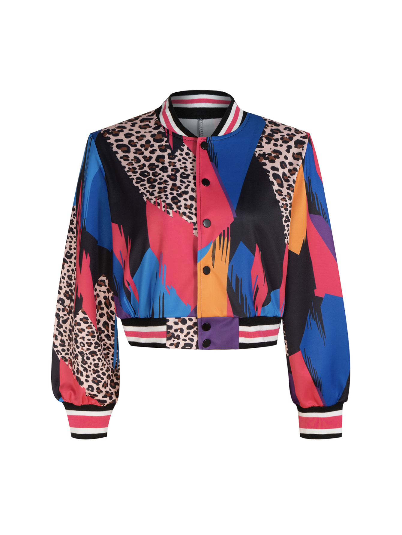 Veste courte à imprimé léopard et blocs de couleurs pour femme, col côtelé rayé, boutonnée, manches longues, style streetwear, vêtement d'extérieur court