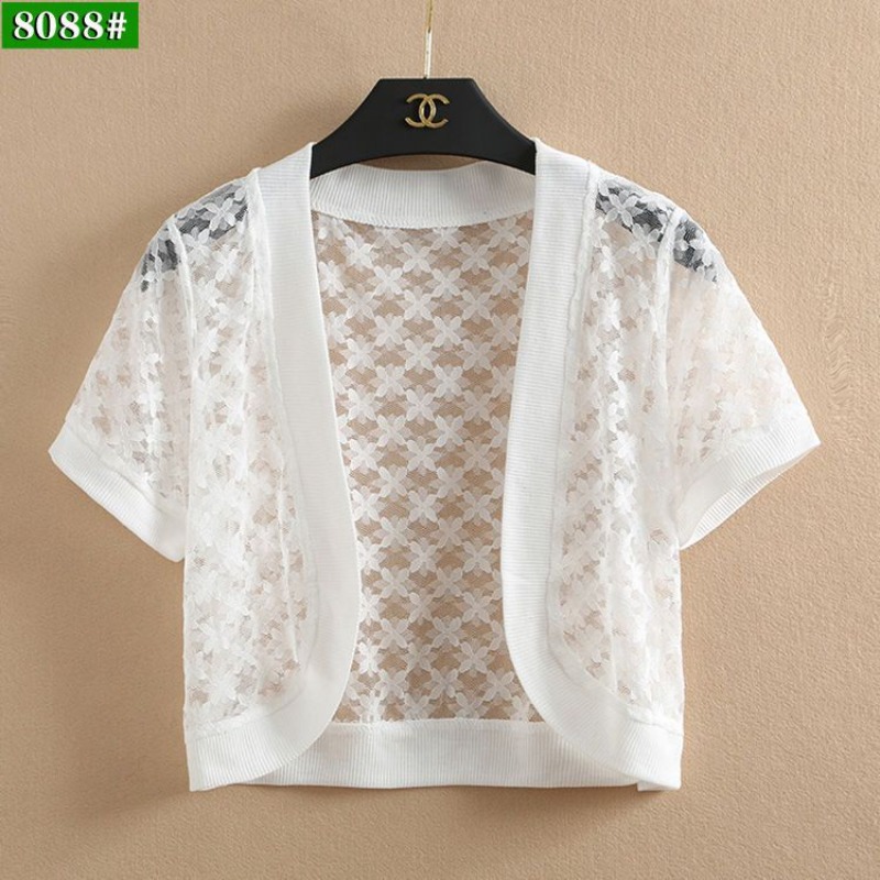 Manteau châle en dentelle pour femme, cardigan court, manches courtes, vêtements de protection solaire, climatisation, évider, monochrome, été, blanc, Y