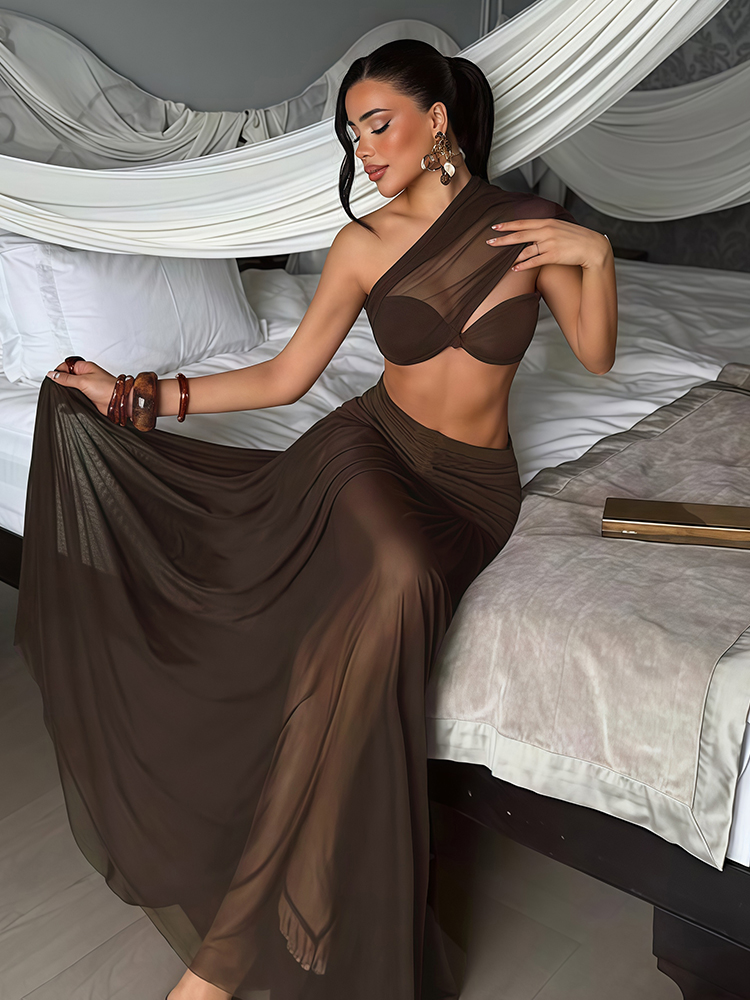 Nibber Mode Froncé Élégant 2 Pièce Ensemble Femme Maille Patchwork Oblique Col Dos Nu Crop Tops + A-ligne Longue Jupe Prom Party Costume