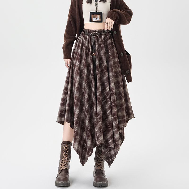 Jupe à carreaux taille haute élastique pour femmes, ligne A, mi-longue, Style coréen, mode rétro polyvalente, jupe irrégulière d'automne