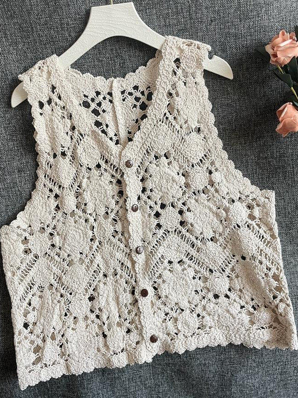 Gilet en crochet floral brodé pour femme, cardigan sans manches ajouré en maille ouverte, tenue bohème pour festival d'été
