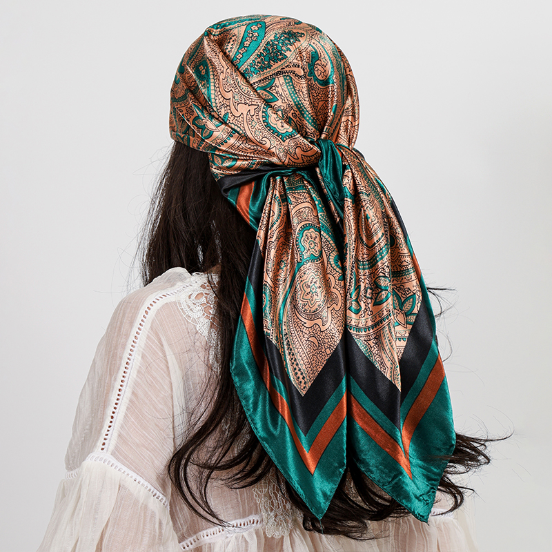 Foulard Carré en Soie de Luxe pour Femme 90x90cm, Imprimé Cachemire, Châle, Bandana en Satin, Hijab