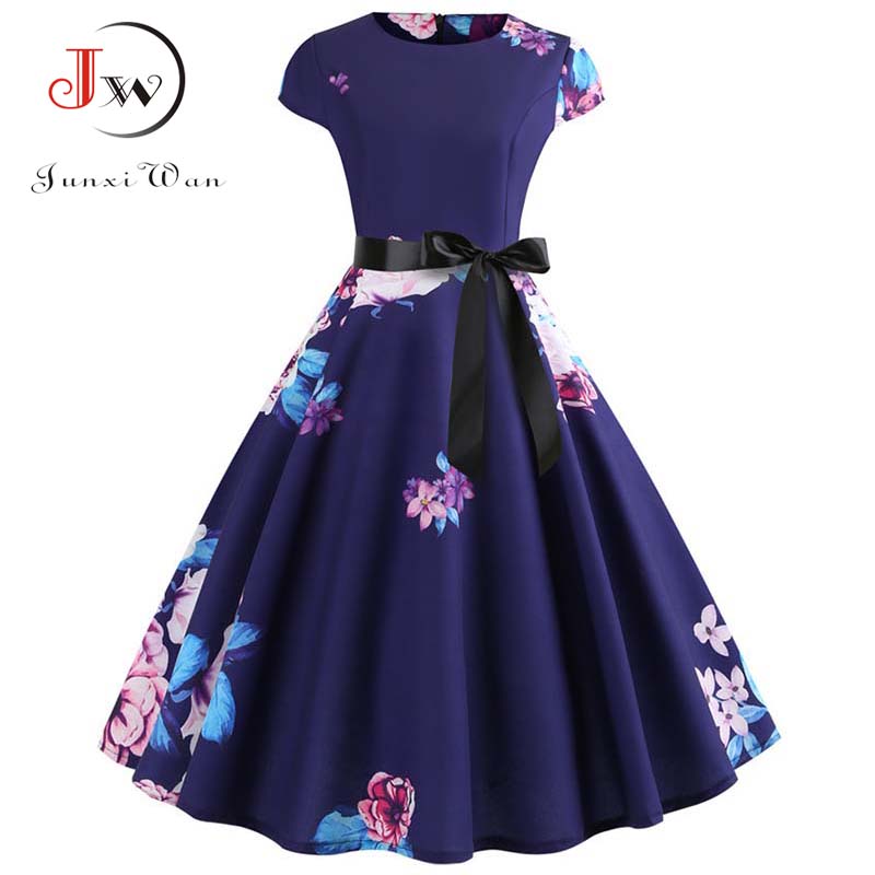 Femmes robe Vintage été imprimé fleuri robes à manches courtes 50s 60s bureau fête Rockabilly Swing rétro Pinup grande taille
