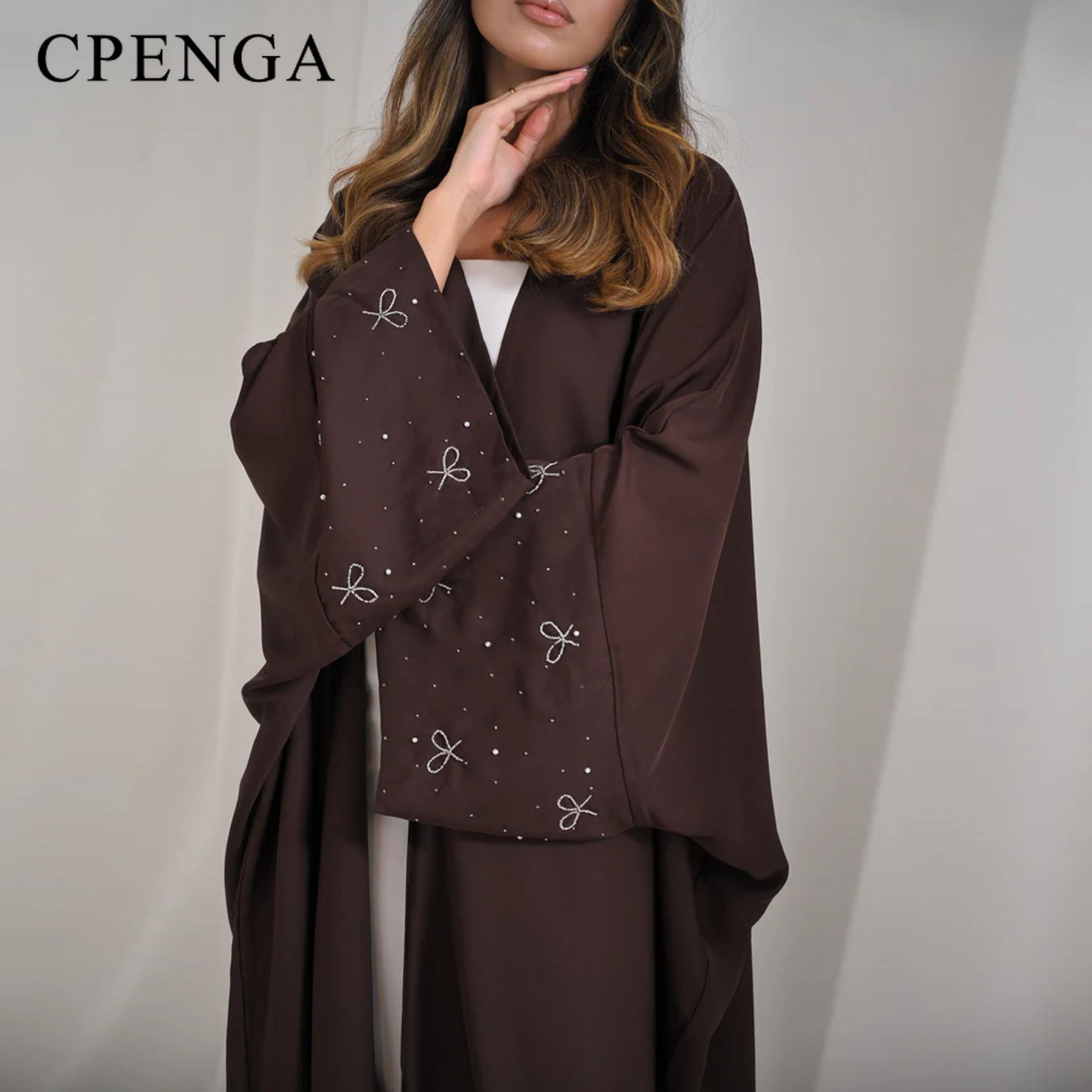 Abaya de luxe de dubaï avec nœud perlé, robe modeste pour femmes musulmanes, élégant, couverture ouverte sur le devant, Cardigan à la mode, tenue turque unie