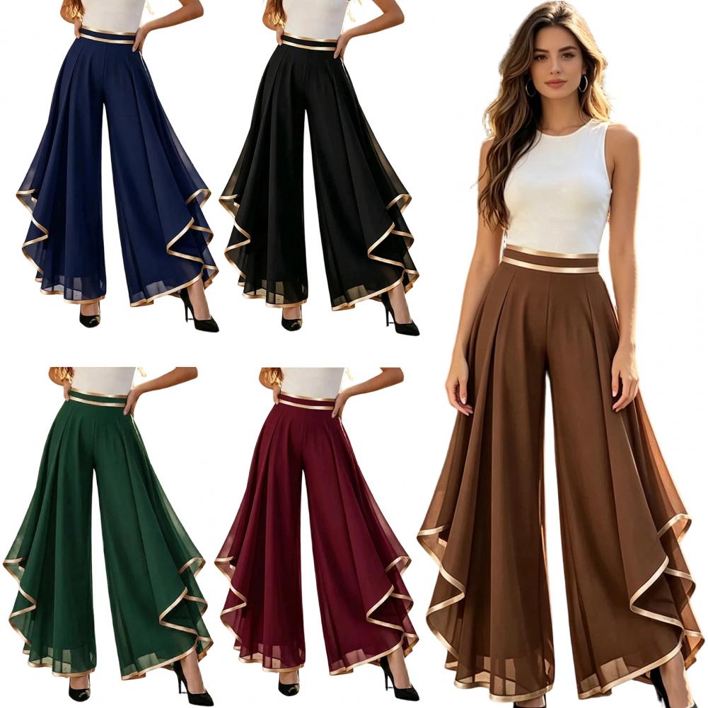 Pantalon large pour femme, taille haute élastique, évacuation de l'humidité, double couture latérale, design superposé, pantalon décontracté d'été