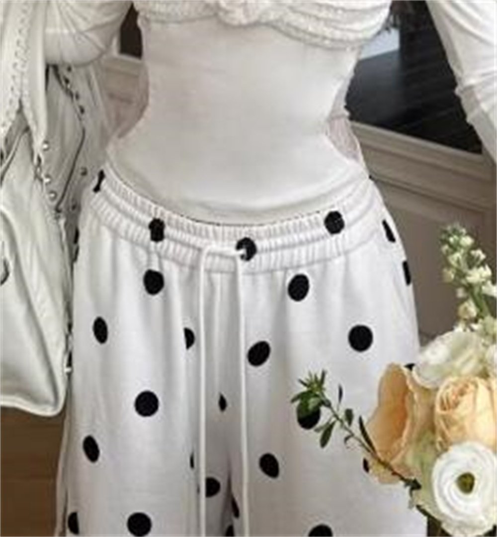 Pantalon large à pois pour femme, taille haute avec cordon de serrage, style coréen, collection Printemps-Été, streetwear
