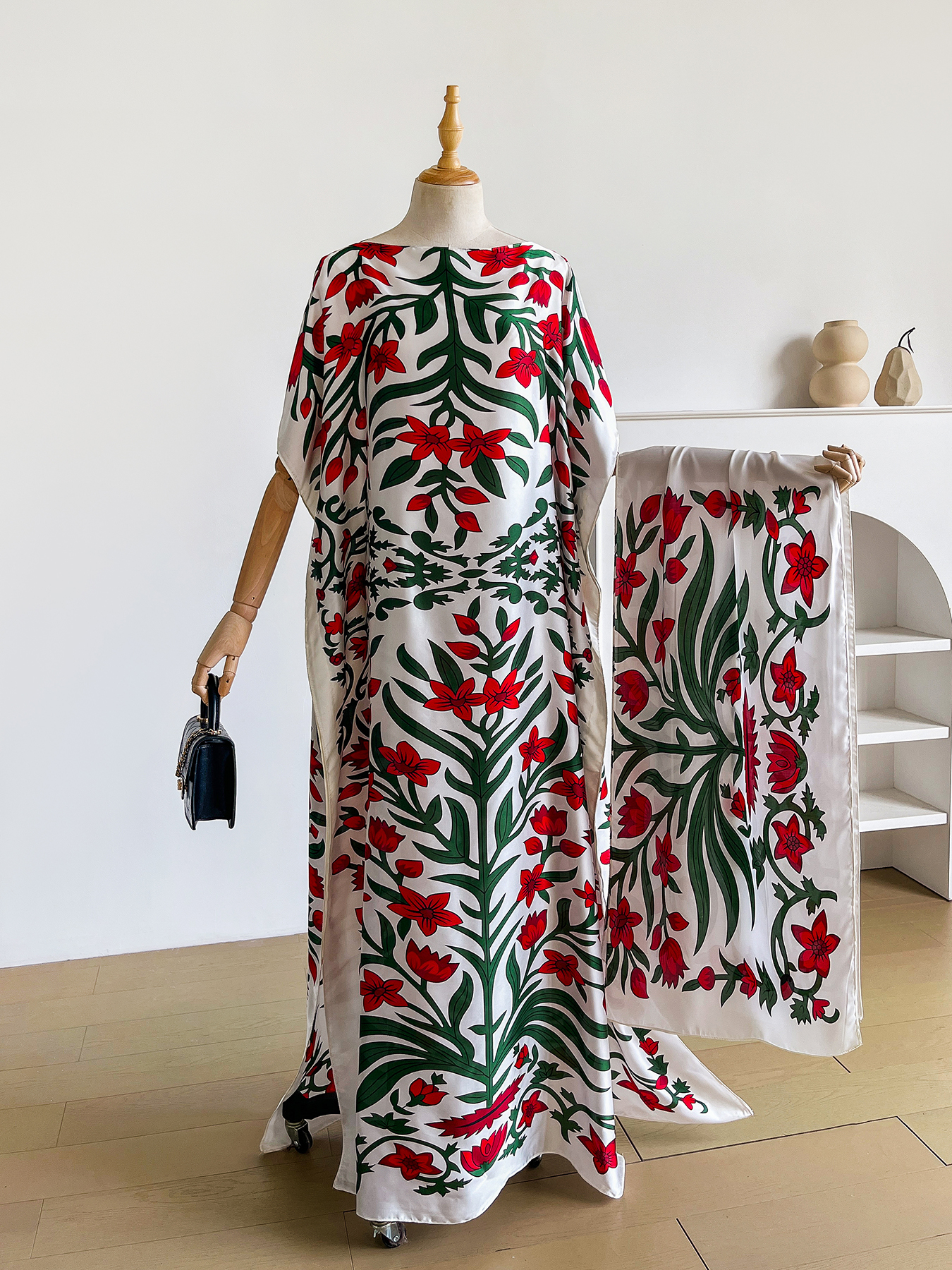 Robe Abaya Kaftan à imprimé floral bohème avec écharpe, robe maxi ample à manches chauve-souris pour femmes musulmanes, tenue de plage et de vacances